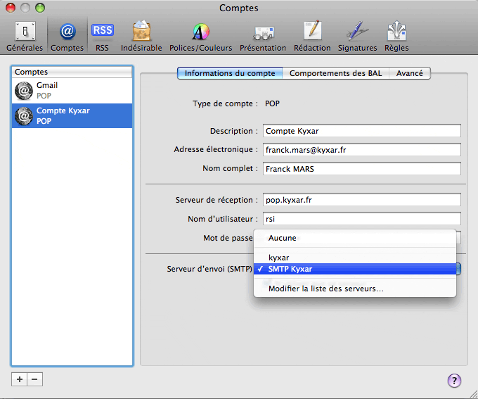 Mail pour Mac Os X d'Apple : Configuration d'un compte de messagerie