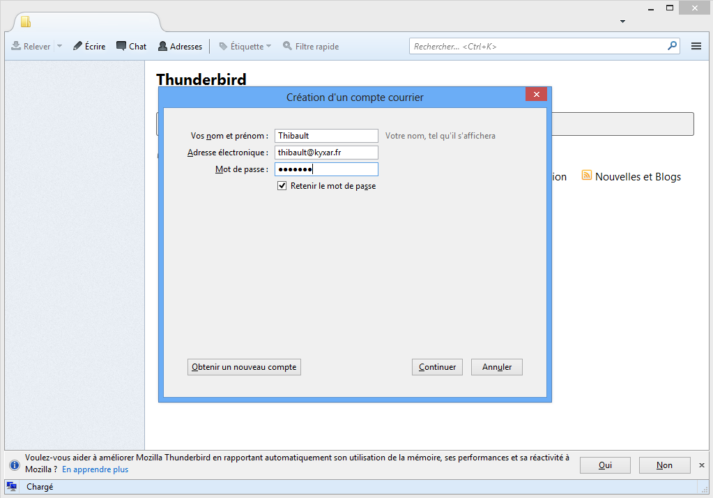 Mozilla Thunderbird 24.0 : Configuration d'un compte de messagerie